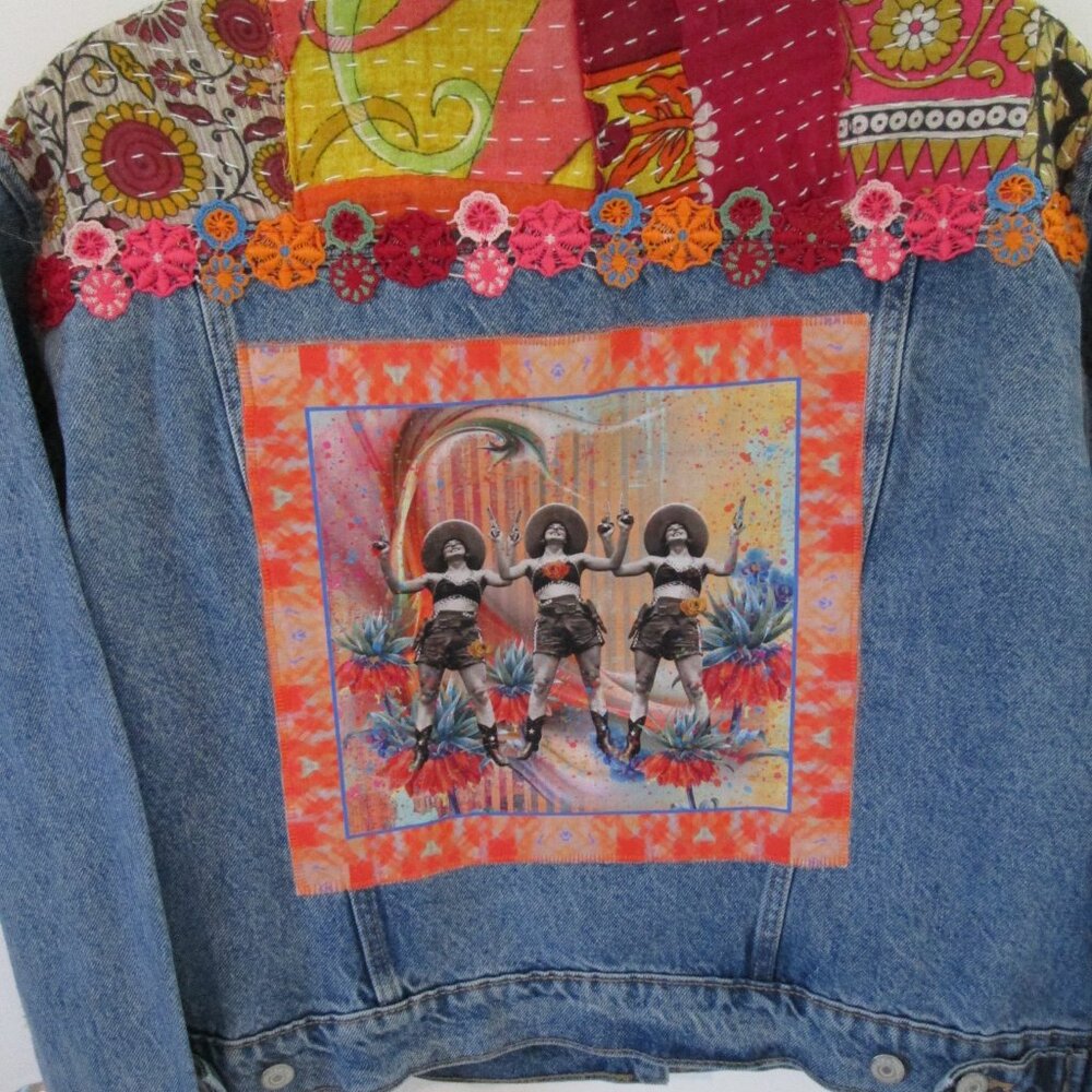 Boho Kantha Denim Jacket, Artisan Crafted Patchwork Distressed Jean Jacket M - Picture 10 of 10
